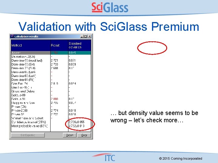 Validation with Sci. Glass Premium … but density value seems to be wrong –