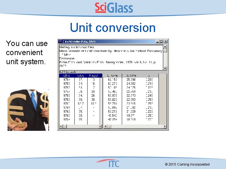 Unit conversion You can use convenient unit system. . © 2015 Corning Incorporated .