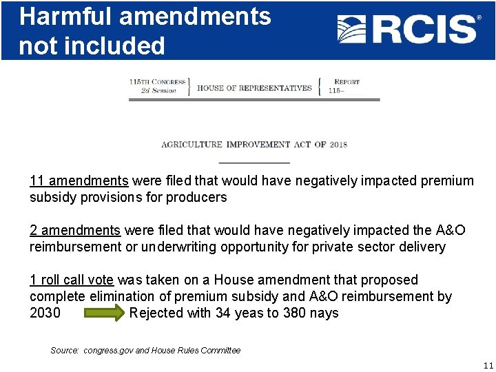 Harmful amendments not included 11 amendments were filed that would have negatively impacted premium
