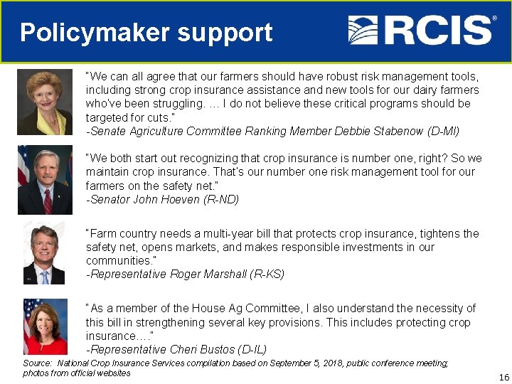 Policymaker support “We can all agree that our farmers should have robust risk management