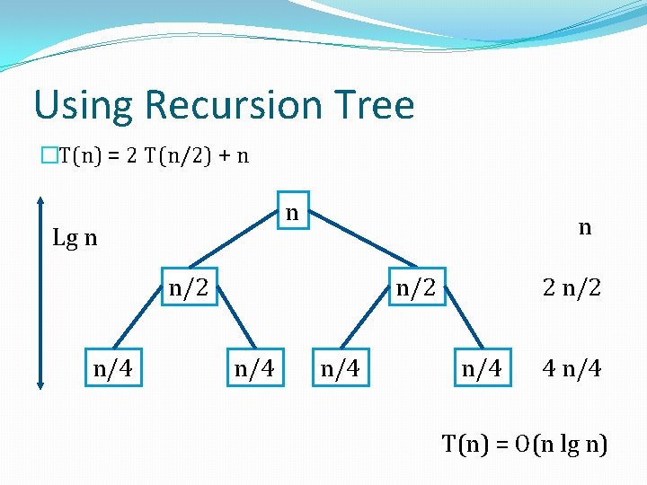 Using Recursion Tree �T(n) = 2 T(n/2) + n n Lg n n n/2