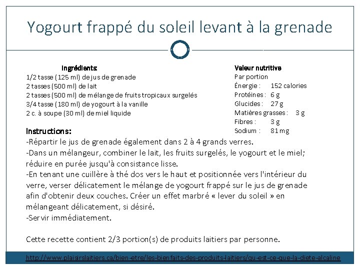 Yogourt frappé du soleil levant à la grenade Ingrédients: 1/2 tasse (125 ml) de