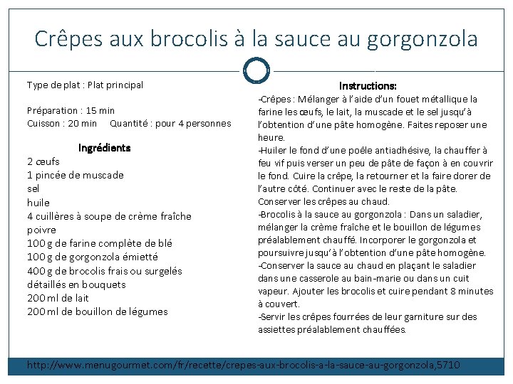 Crêpes aux brocolis à la sauce au gorgonzola Type de plat : Plat principal