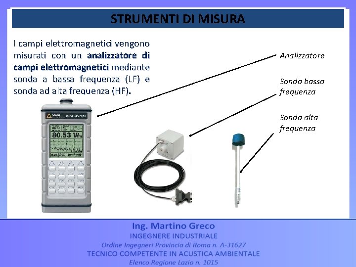 STRUMENTI DI MISURA I campi elettromagnetici vengono misurati con un analizzatore di campi elettromagnetici