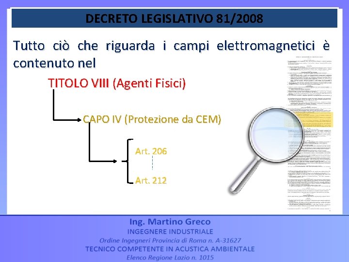 DECRETO LEGISLATIVO 81/2008 Tutto ciò che riguarda i campi elettromagnetici è contenuto nel TITOLO