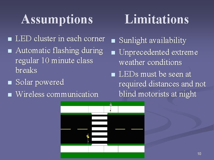 Assumptions n n LED cluster in each corner Automatic flashing during regular 10 minute