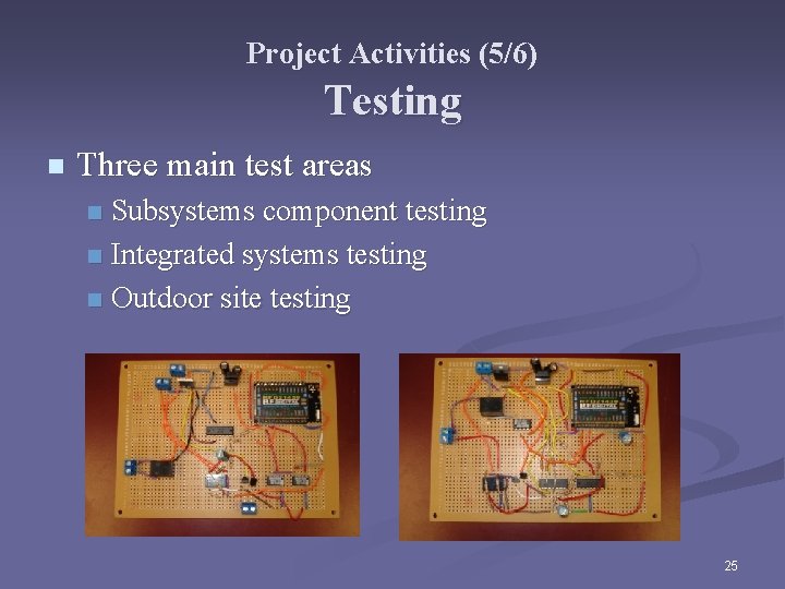 Project Activities (5/6) Testing n Three main test areas Subsystems component testing n Integrated