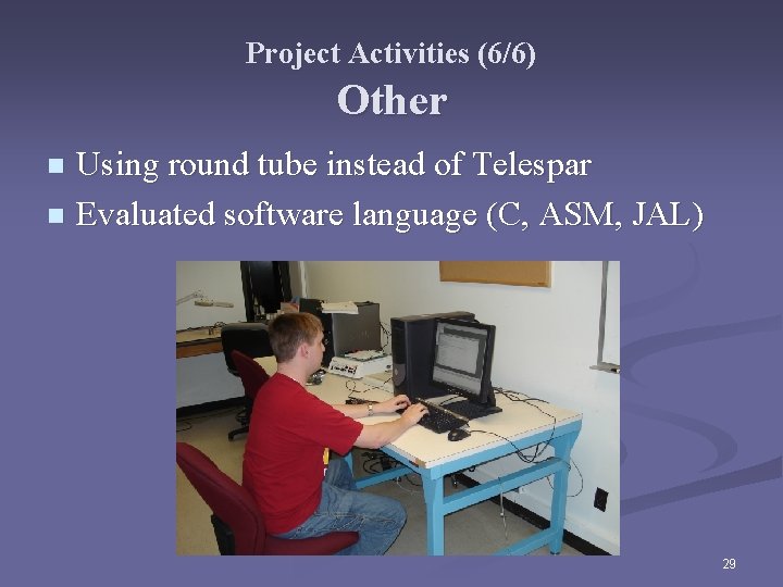 Project Activities (6/6) Other Using round tube instead of Telespar n Evaluated software language