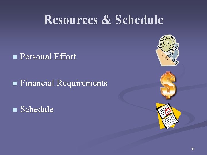 Resources & Schedule n Personal Effort n Financial Requirements n Schedule 30 