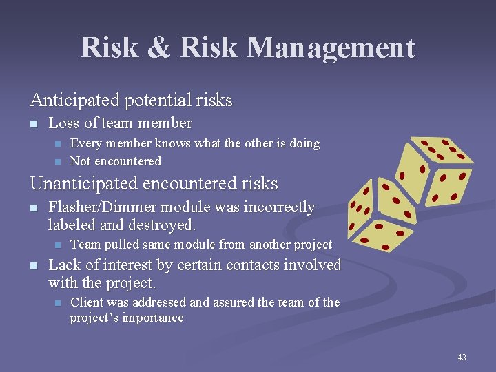 Risk & Risk Management Anticipated potential risks n Loss of team member n n
