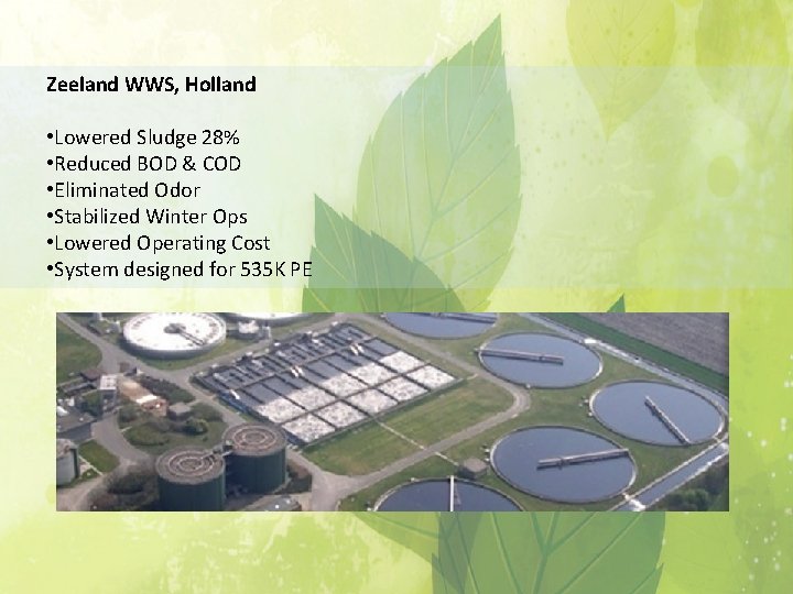 Zeeland WWS, Holland • Lowered Sludge 28% • Reduced BOD & COD • Eliminated