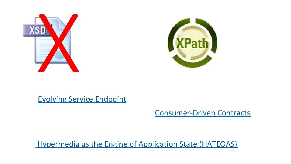 X Evolving Service Endpoint Consumer-Driven Contracts Hypermedia as the Engine of Application State (HATEOAS)