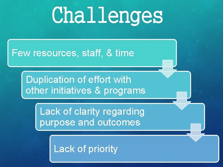 Challenges Few resources, staff, & time Duplication of effort with other initiatives & programs