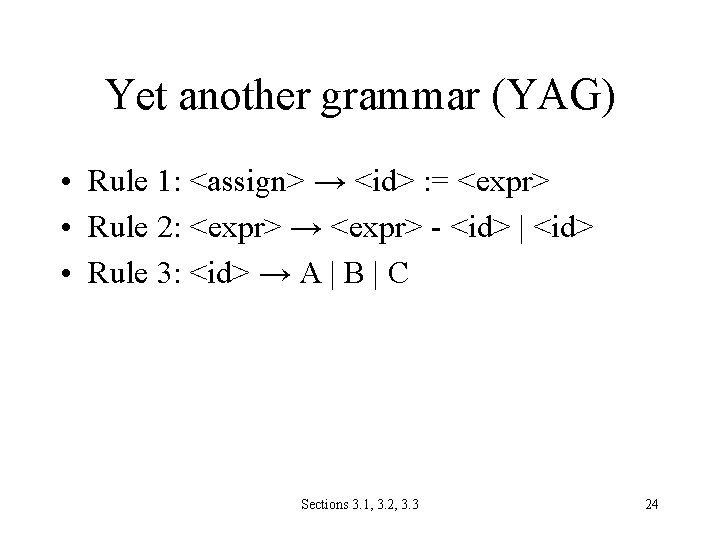 Yet another grammar (YAG) • Rule 1: <assign> → <id> : = <expr> •