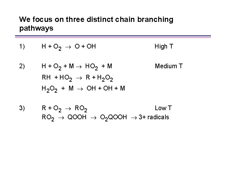 We focus on three distinct chain branching pathways 1) H + O 2 O