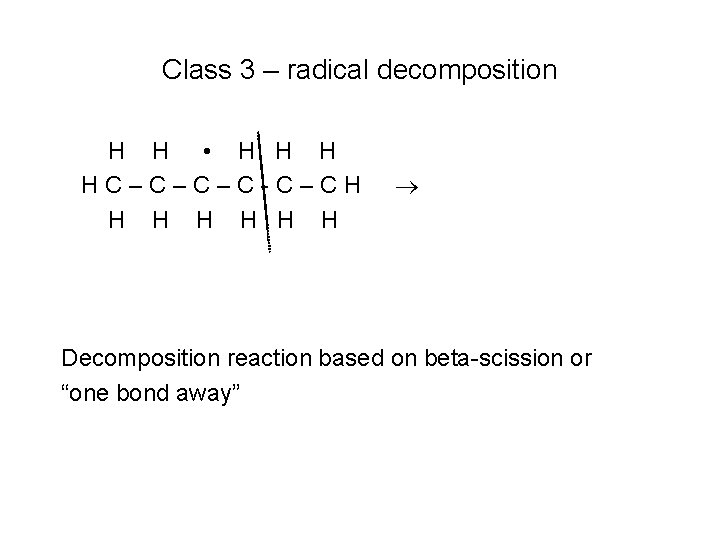 Class 3 – radical decomposition H H • H HC–C–C–C-C–CH H H H Decomposition