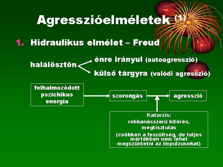 Agresszióelméletek (1) 1. Hidraulikus elmélet – Freud halálösztön felhalmozódott pszichikus energia énre irányul (autoagresszió)