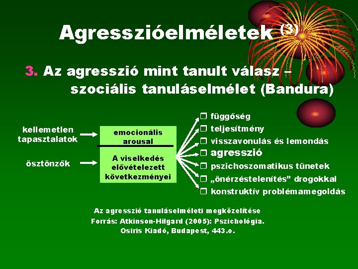 Agresszióelméletek (3) 3. Az agresszió mint tanult válasz – szociális tanuláselmélet (Bandura) kellemetlen tapasztalatok