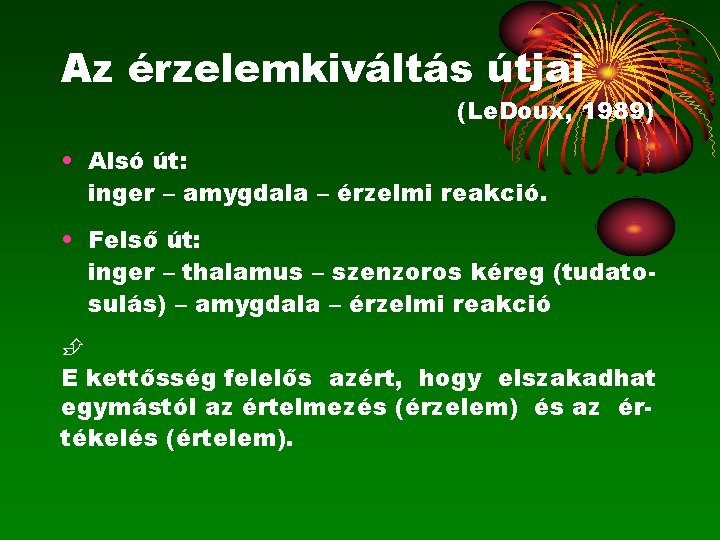 Az érzelemkiváltás útjai (Le. Doux, 1989) • Alsó út: inger – amygdala – érzelmi