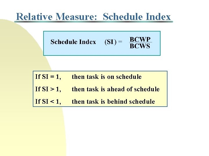 Relative Measure: Schedule Index If SI = 1, then task is on schedule If