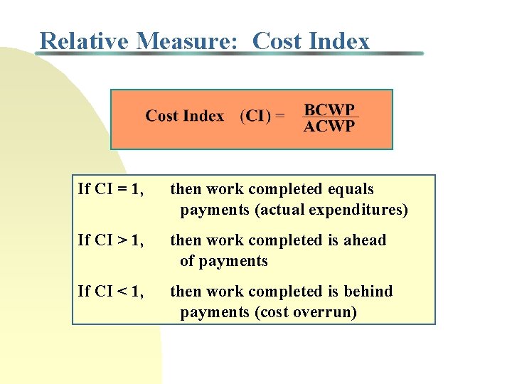 Relative Measure: Cost Index If CI = 1, then work completed equals payments (actual