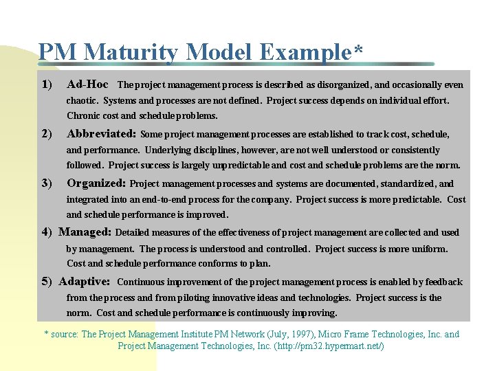 PM Maturity Model Example* 1) Ad-Hoc The project management process is described as disorganized,