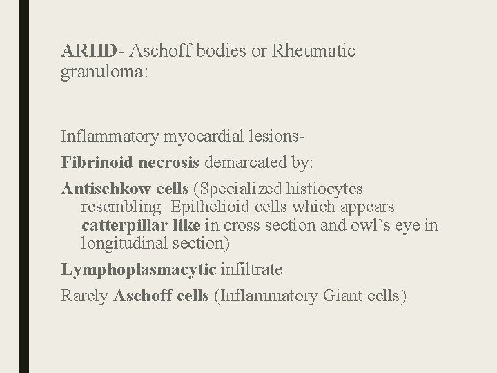 ARHD- Aschoff bodies or Rheumatic granuloma: Inflammatory myocardial lesions. Fibrinoid necrosis demarcated by: Antischkow ARHD- Aschoff bodies or Rheumatic granuloma: Inflammatory myocardial lesions. Fibrinoid necrosis demarcated by: Antischkow