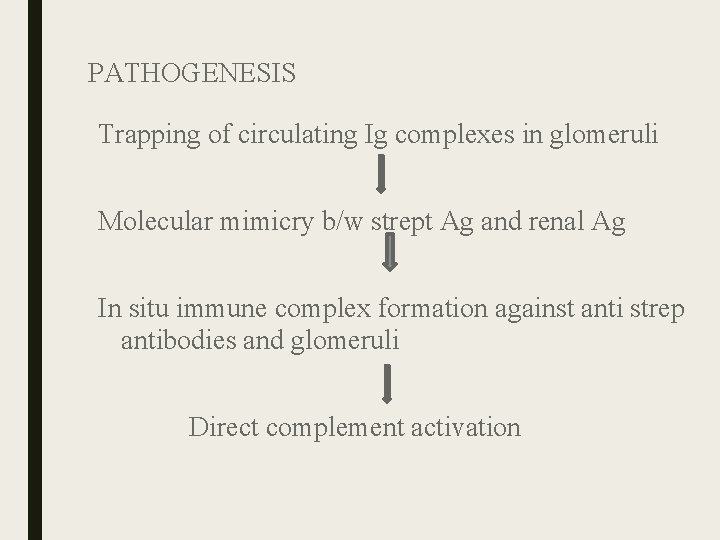 PATHOGENESIS Trapping of circulating Ig complexes in glomeruli Molecular mimicry b/w strept Ag and PATHOGENESIS Trapping of circulating Ig complexes in glomeruli Molecular mimicry b/w strept Ag and