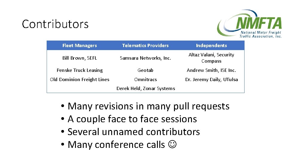 Contributors Fleet Managers Telematics Providers Independents Bill Brown, SEFL Samsara Networks, Inc. Altaz Valani, Contributors Fleet Managers Telematics Providers Independents Bill Brown, SEFL Samsara Networks, Inc. Altaz Valani,