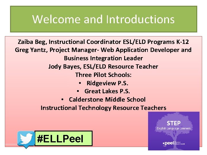 Welcome and Introductions Zaiba Beg, Instructional Coordinator ESL/ELD Programs K-12 Greg Yantz, Project Manager-