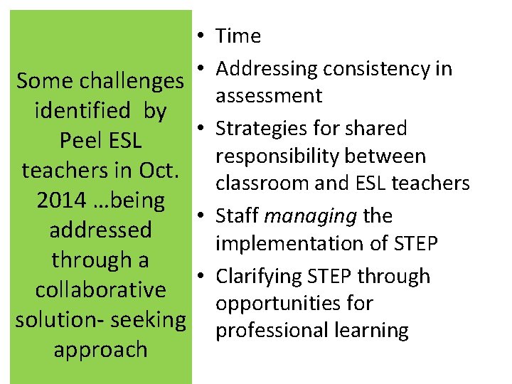  • Time • Addressing consistency in Some challenges assessment identified by • Strategies