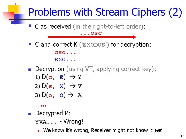 Problems with Stream Ciphers (2) § C as received (in the right-to-left order): . Problems with Stream Ciphers (2) § C as received (in the right-to-left order): .