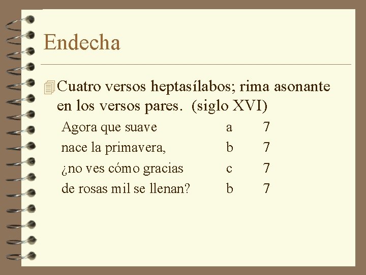 Endecha 4 Cuatro versos heptasílabos; rima asonante en los versos pares. (siglo XVI) Agora