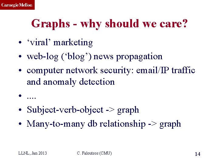 CMU SCS Graphs - why should we care? • ‘viral’ marketing • web-log (‘blog’)