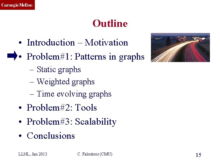 CMU SCS Outline • Introduction – Motivation • Problem#1: Patterns in graphs – Static