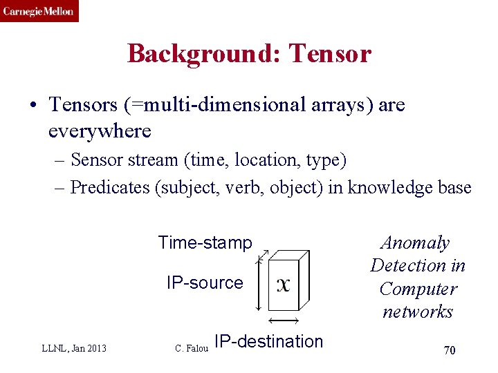 CMU SCS Background: Tensor • Tensors (=multi-dimensional arrays) are everywhere – Sensor stream (time,