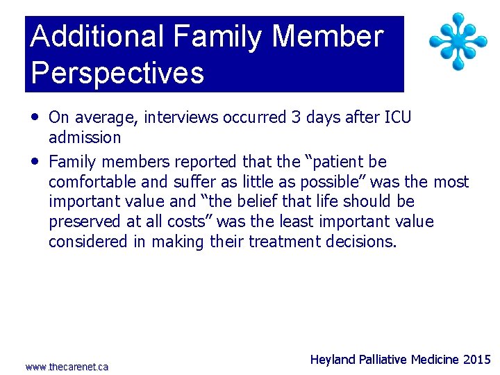 Additional Family Member Perspectives • On average, interviews occurred 3 days after ICU •