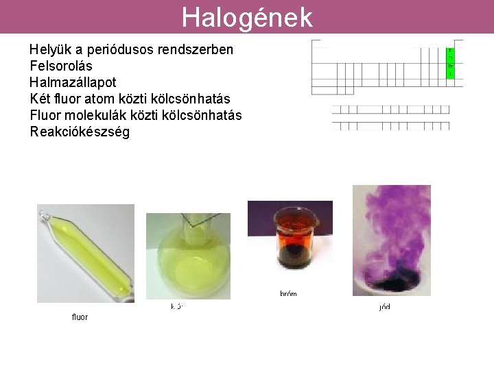 Halogének Helyük a periódusos rendszerben Felsorolás Halmazállapot Két fluor atom közti kölcsönhatás Fluor molekulák