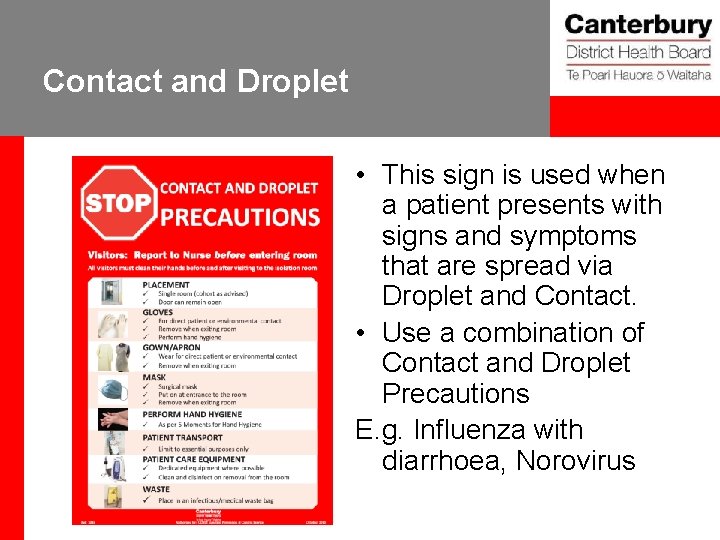 Contact and Droplet • This sign is used when a patient presents with signs