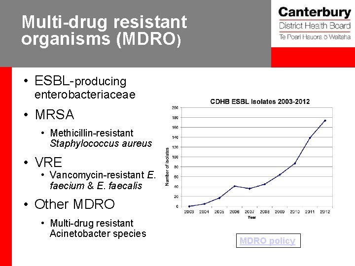 Multi-drug resistant organisms (MDRO) • ESBL-producing enterobacteriaceae • MRSA • Methicillin-resistant Staphylococcus aureus •