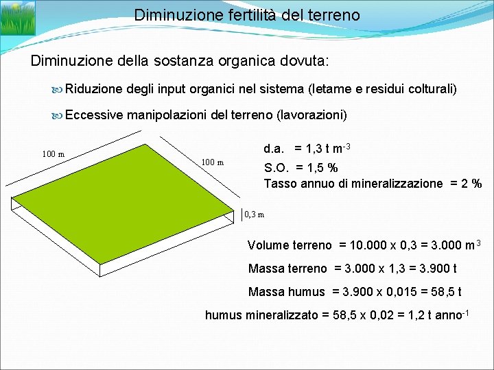 Diminuzione fertilità del terreno Diminuzione della sostanza organica dovuta: Riduzione degli input organici nel