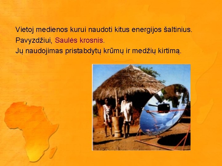 Vietoj medienos kurui naudoti kitus energijos šaltinius. Pavyzdžiui, Saulės krosnis. Jų naudojimas pristabdytų krūmų