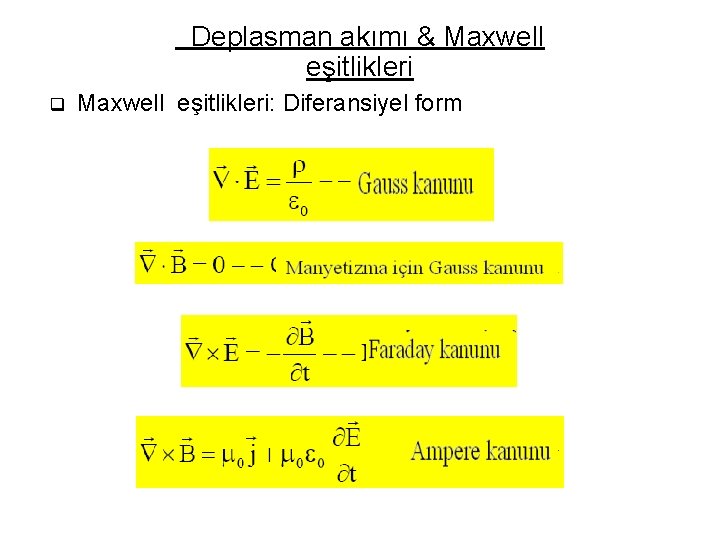 Deplasman akımı & Maxwell eşitlikleri q Maxwell eşitlikleri: Diferansiyel form 