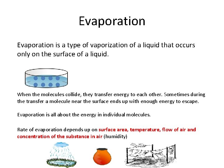 Evaporation is a type of vaporization of a liquid that occurs only on the