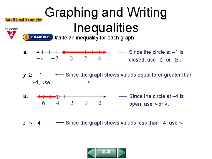 COURSE 2 LESSON 2 -8 Graphing and Writing Inequalities Write an inequality for each