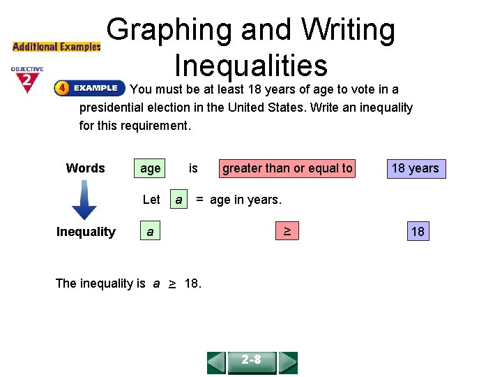 COURSE 2 LESSON 2 -8 Graphing and Writing Inequalities You must be at least