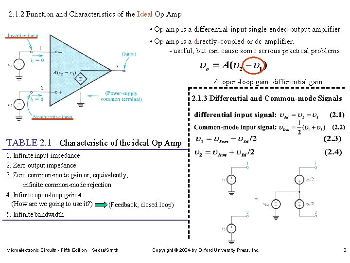 2. 1. 2 Function and Characteristics of the Ideal Op Amp • Op amp