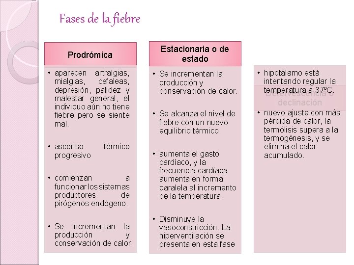 Fases de la fiebre Prodrómica • aparecen artralgias, mialgias, cefaleas, depresión, palidez y malestar