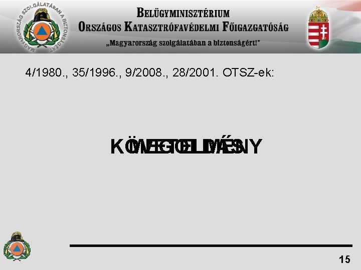 4/1980. , 35/1996. , 9/2008. , 28/2001. OTSZ-ek: KÖVETELMÉNY MEGOLDÁS 15 4/1980. , 35/1996. , 9/2008. , 28/2001. OTSZ-ek: KÖVETELMÉNY MEGOLDÁS 15