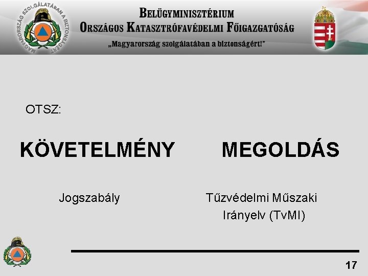 OTSZ: KÖVETELMÉNY Jogszabály MEGOLDÁS Tűzvédelmi Műszaki Irányelv (Tv. MI) 17 